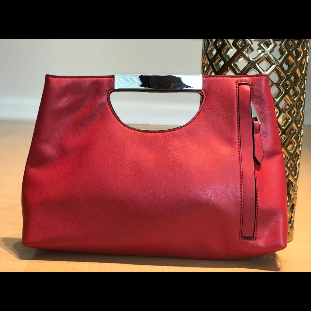 COPY - Red silver top handle handbag.